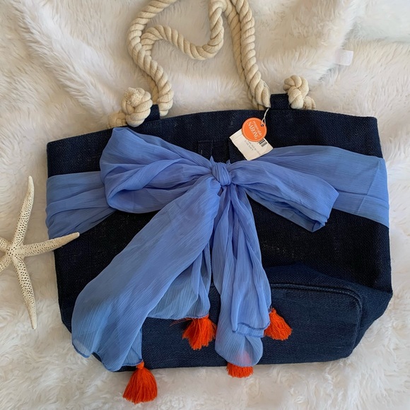 MUD PIE jute oversized Tote with removable Sarong and Rope handles NWT - Picture 1 of 13